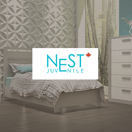 Nest logo with a faded background of a kid's room