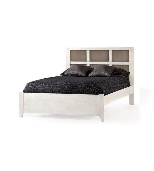 Rustico Moderno White Double Bed 54" (low profile footboard) with dark wood panels on headboard and black sheets