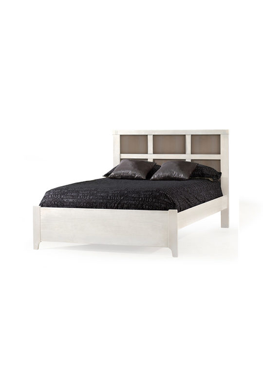 Rustico Moderno White Double Bed 54" (low profile footboard) with dark wood panels on headboard and black sheets