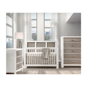 Light baby nursery with white and brown wood 3 drawer dresser, 5 drawer dresser and crib