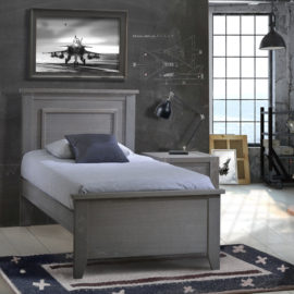 Dark grey bedroom with industrial lights, Wooden Rustic Twin Bed 39" with blue sheets