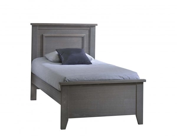 Rustic dark wood Twin Bed 39" with blue sheets