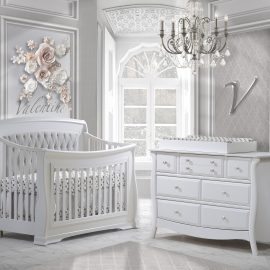 Grey baby room with a white Convertible Crib with linen grey diamond tufted panel, Double Dresser & Changing Tray in white