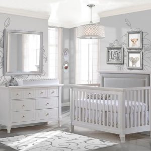 white crib with wood trim
