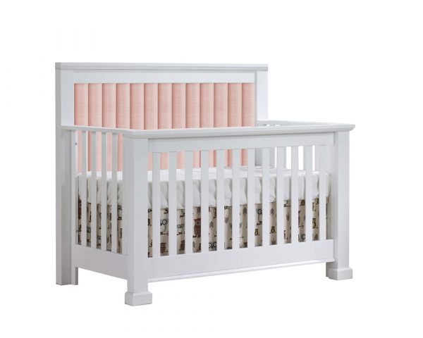 Taylor Convertible Crib in White with Channel Tufted Upholstered panel in Blush