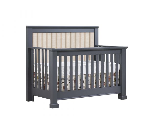Dark grey charcoal crib with channel tufted headboard panel in talc