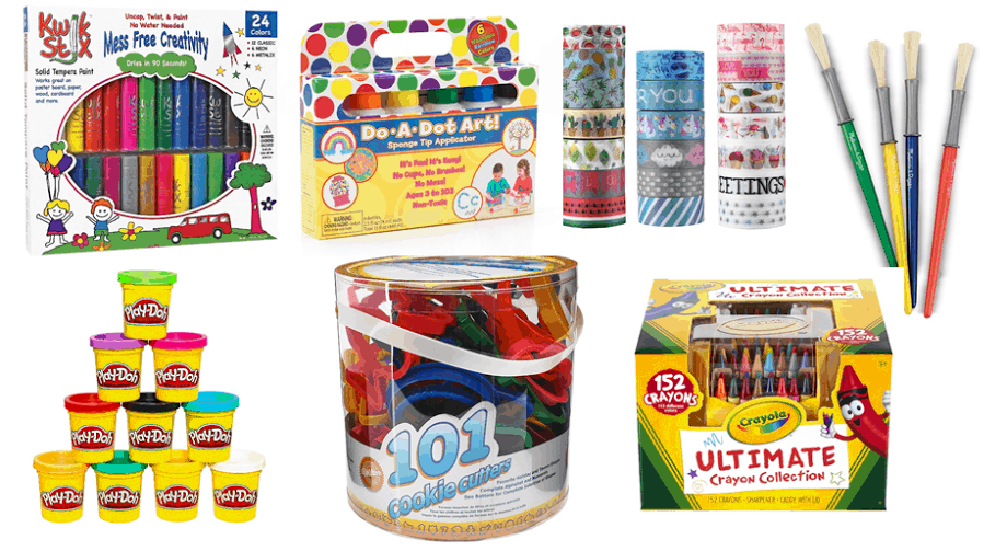 craft supplies play doh, crayons, paint brush