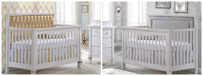 Cribs with grey and gold upholstered panels