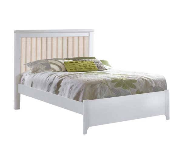 White double bed with green sheet and talc headboard panel
