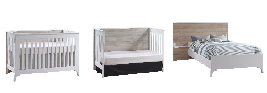 Natart convertible crib in white and wooden panel turned into junior bed and twin bed