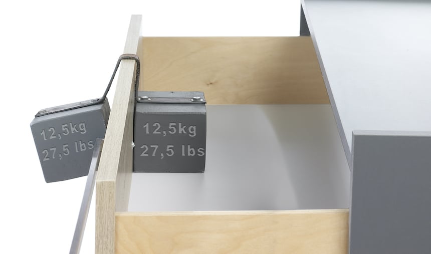 Natart dresser with open drawer tip over weighted test