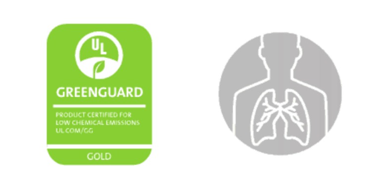 greenguard green logo and grey icon of human lungs on transparent bachground