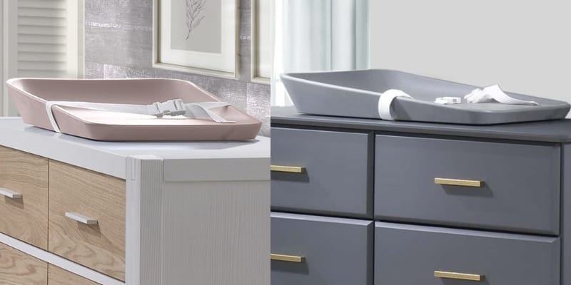 matty changing mat in pink and grey on top of white and grey dressers