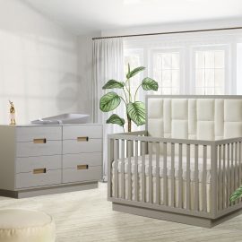 Como 5-in-1 Convertible Crib with Geometric Upholstered Headboard panel with Como King dresser 65’’ in Dove