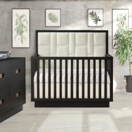 Como 5-in-1 Convertible Crib with Geometric Upholstered Headboard panel with Como King dresser 65’’ in Dusk