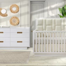 Como 5-in-1 Convertible Crib with Geometric Upholstered Headboard panel with Como King dresser 65’’ in White