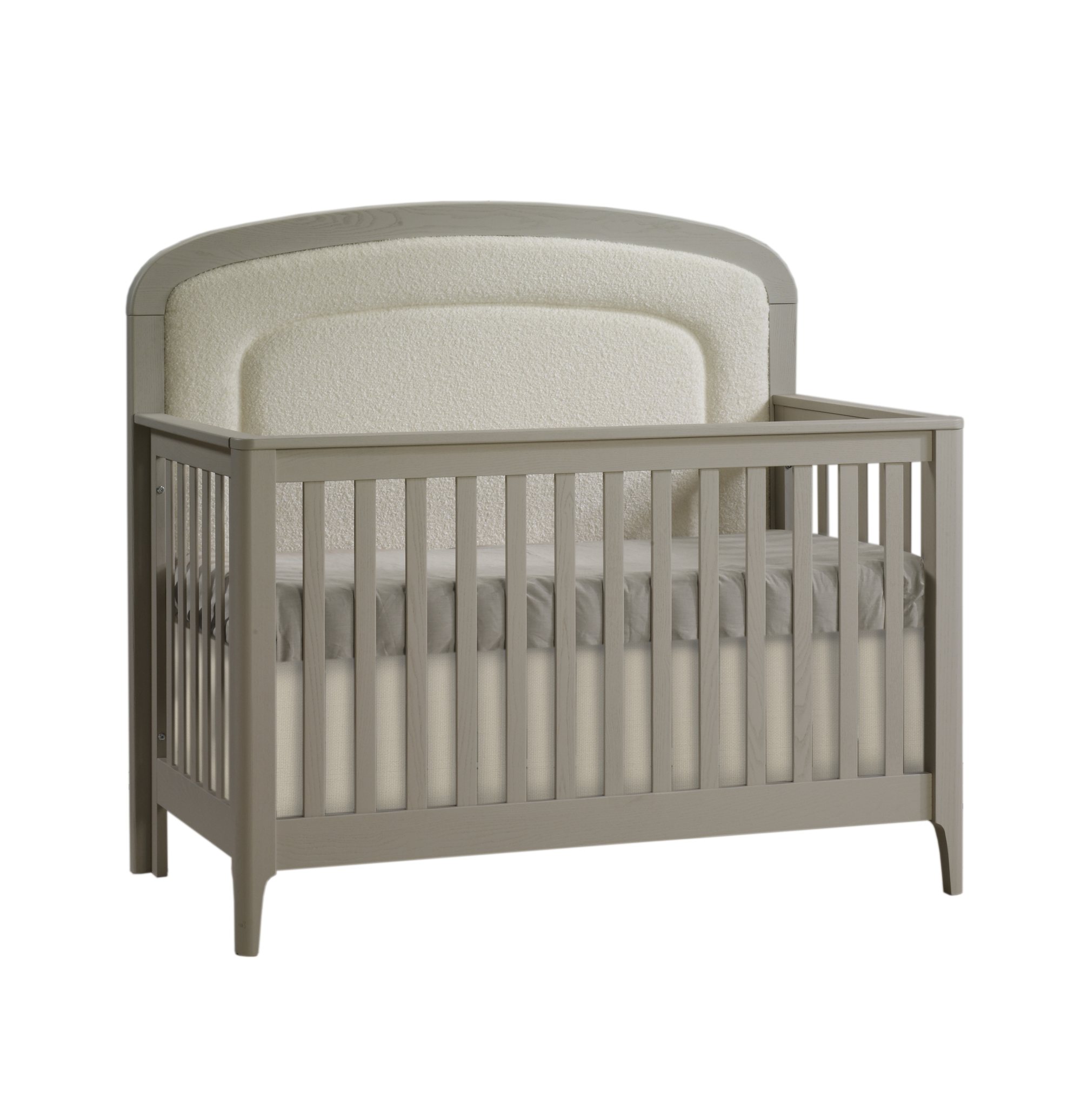 Palo “5-in-1” Convertible Crib with Bouclé Beige Upholstered headboard panel in Dove