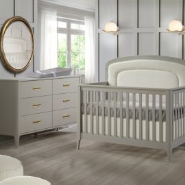 Palo “5-in-1” Convertible Crib with Bouclé Beige and Palo Double dresser in Dove