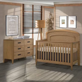 Palo “5-in-1” Convertible Crib and Palo Double dresser in Wheat