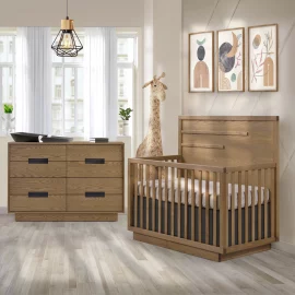 Como 4-in-1 Convertible Crib with Horizontal Molding with Double dresser in Wheat