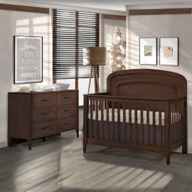 Palo “5-in-1” Convertible Crib and Palo Double dresser in Walnut