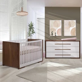 Aria Island Convertible Crib with Aria Double Dresser 62’’ in Walnut/Linen