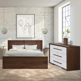 Aria Bed with Aria Double Dresser 62’’ in Walnut/Linen