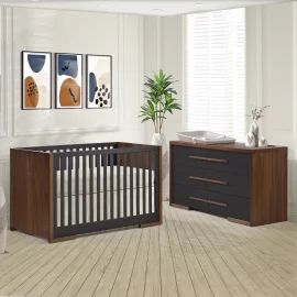 Aria Island Convertible Crib with Aria Double Dresser 62’’ in Walnut/Dusk