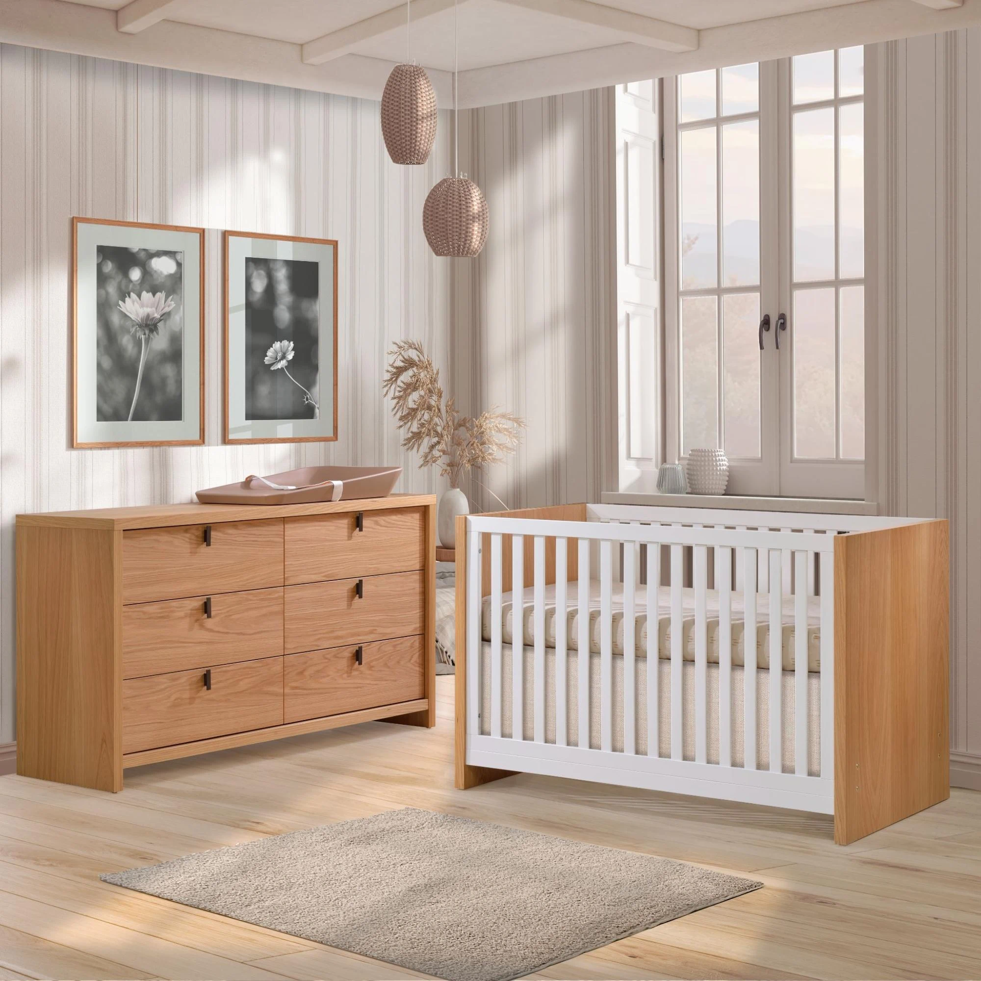 Linea Island Convertible Crib with Linea Double Dresser 62’’ in White/Oak